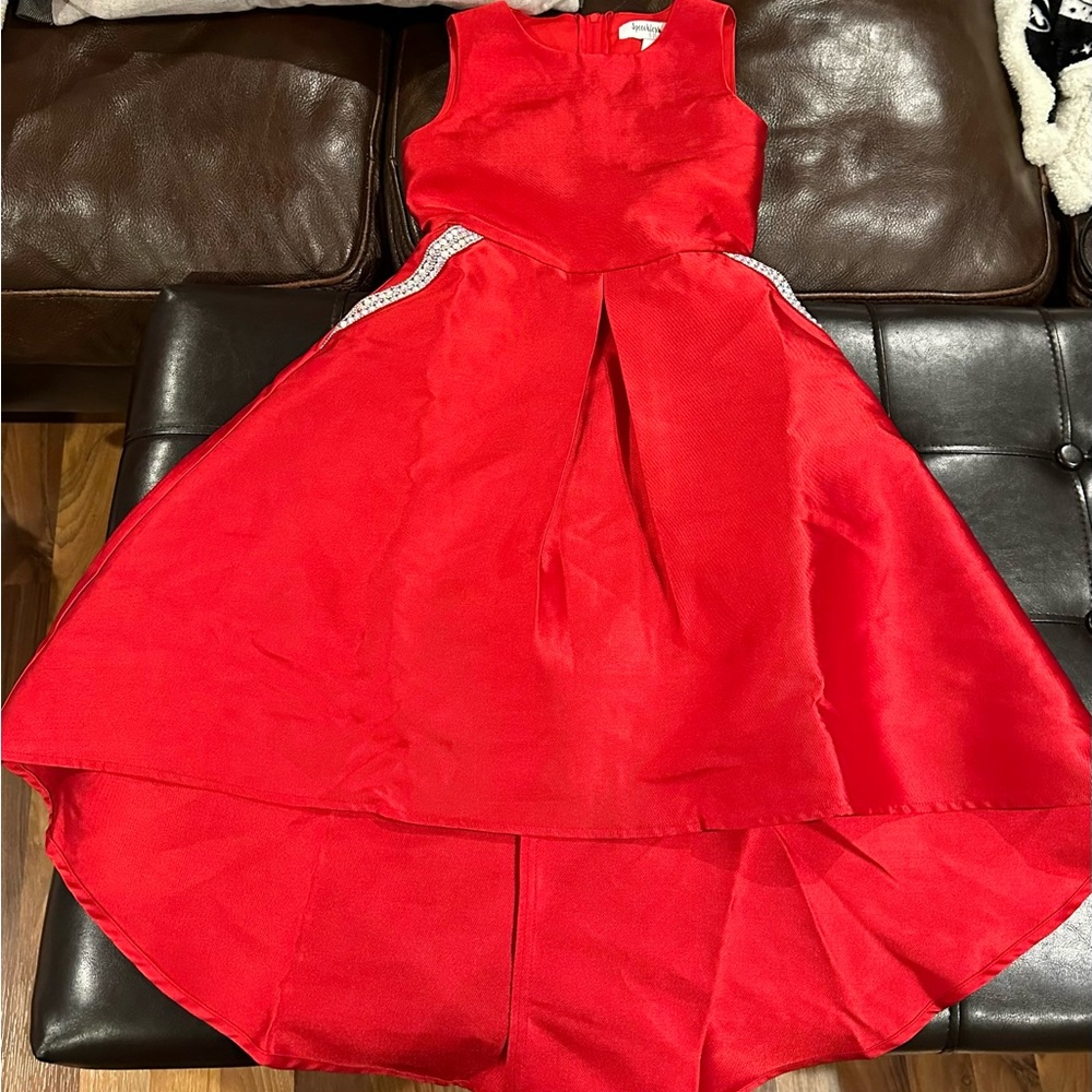 Girls Red Speechless high-lo dress with rhinestone pockets ties in back size 5